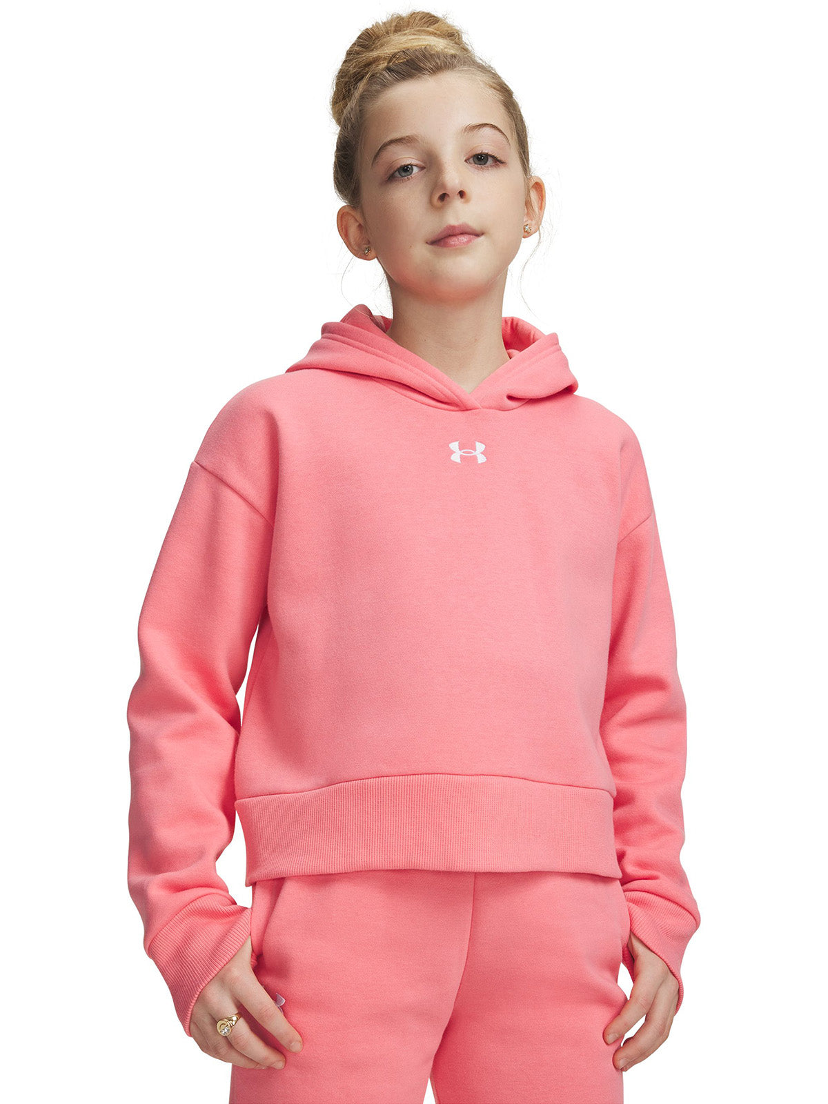 UA Rival Fleece Crop Poleron rosado para niña