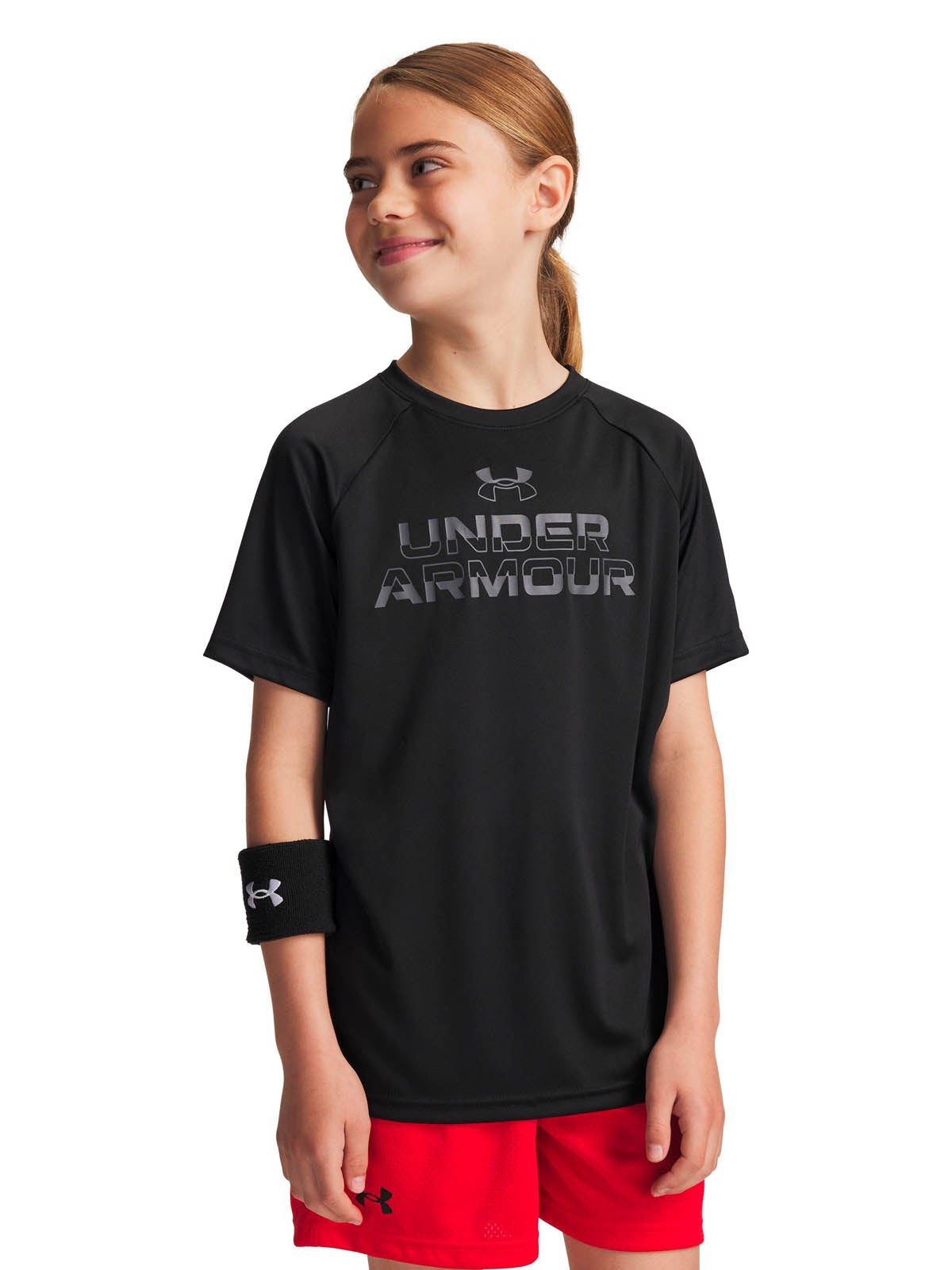Polera manga corta de entrenamiento para niño Tech Split Wordmark negro Under Armour