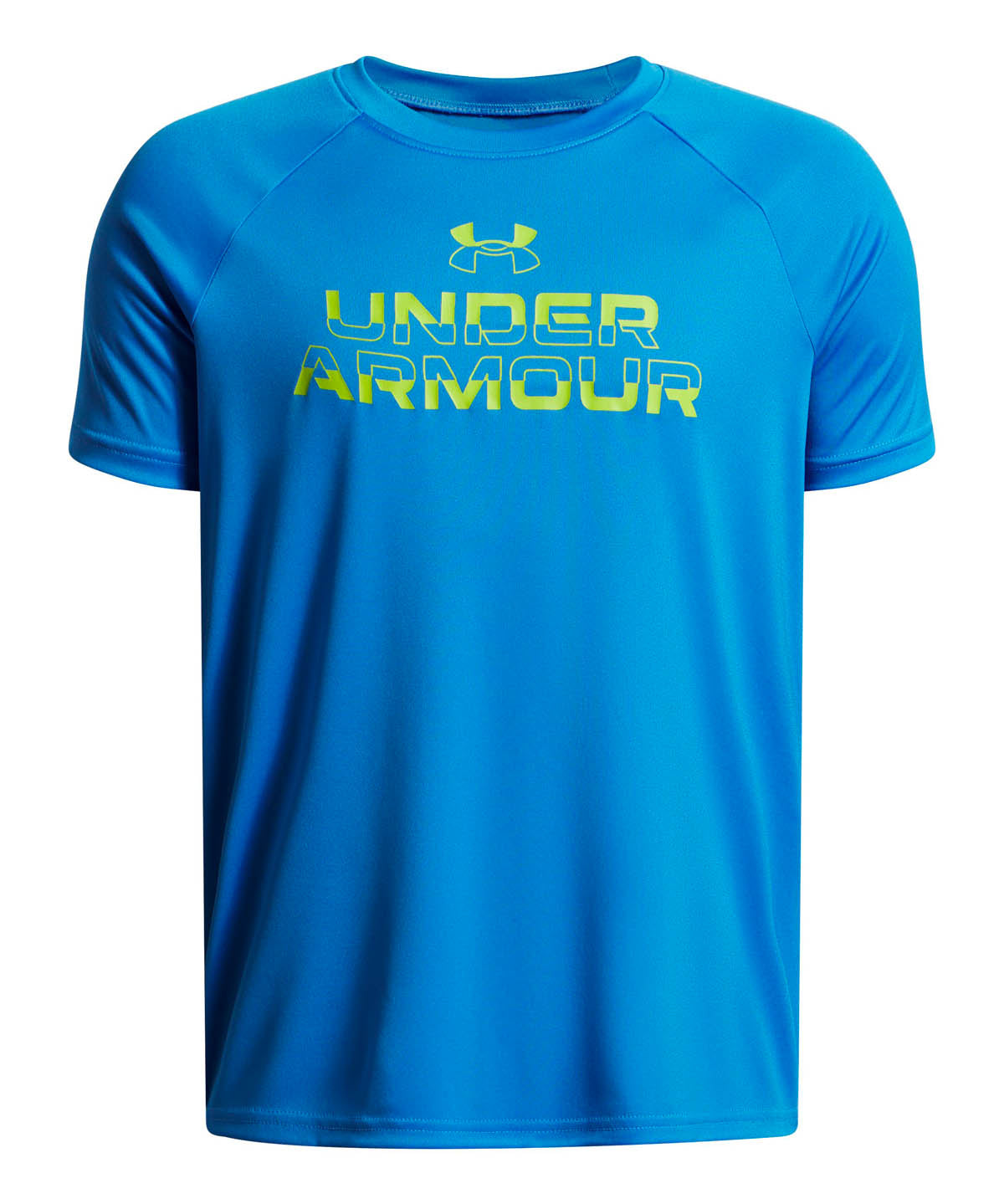 Polera manga corta de entrenamiento para niño Tech Split Wordmark azul Under Armour