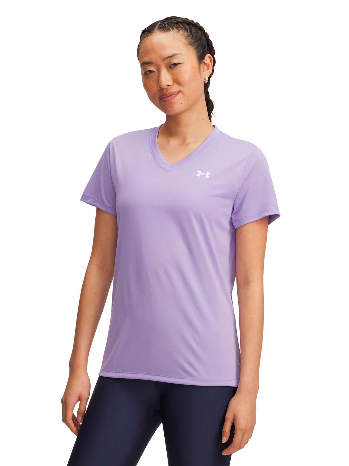Polera manga corta de entrenamiento para mujer Tech V-Neck morado Under Armour