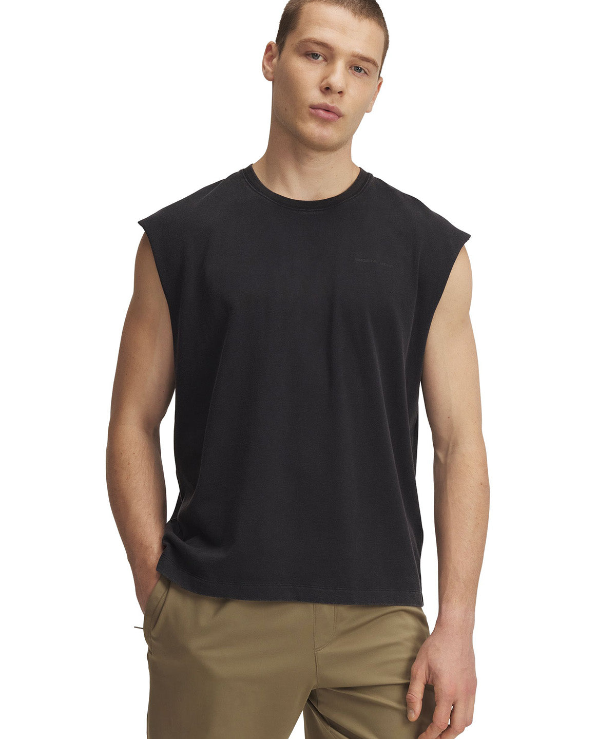 Polera sin manga UA Icon Heavyweight Cotton negra para hombre