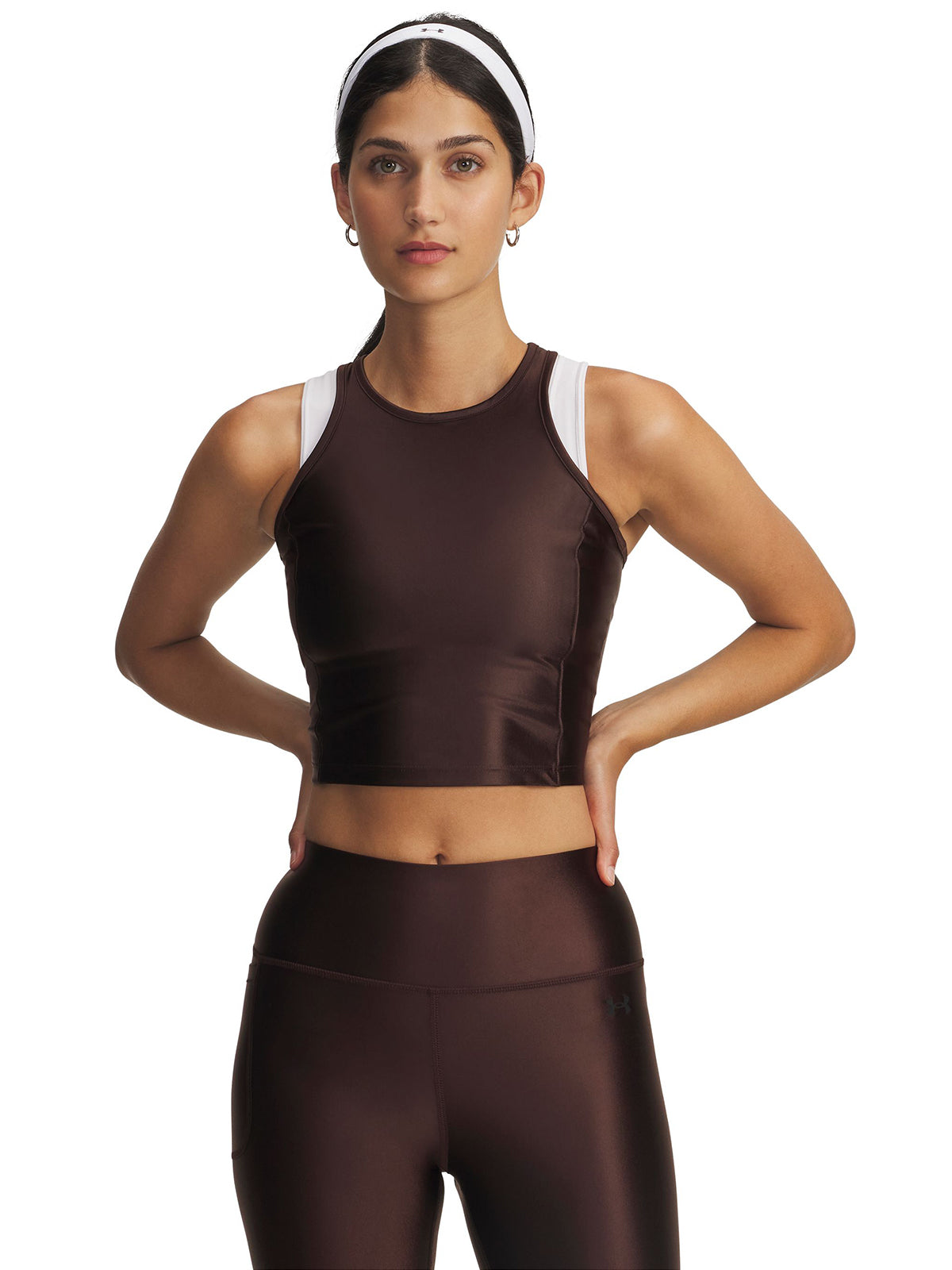 Polera sin mangas de Entrenamiento para mujer Motion Shine café Under Armour.