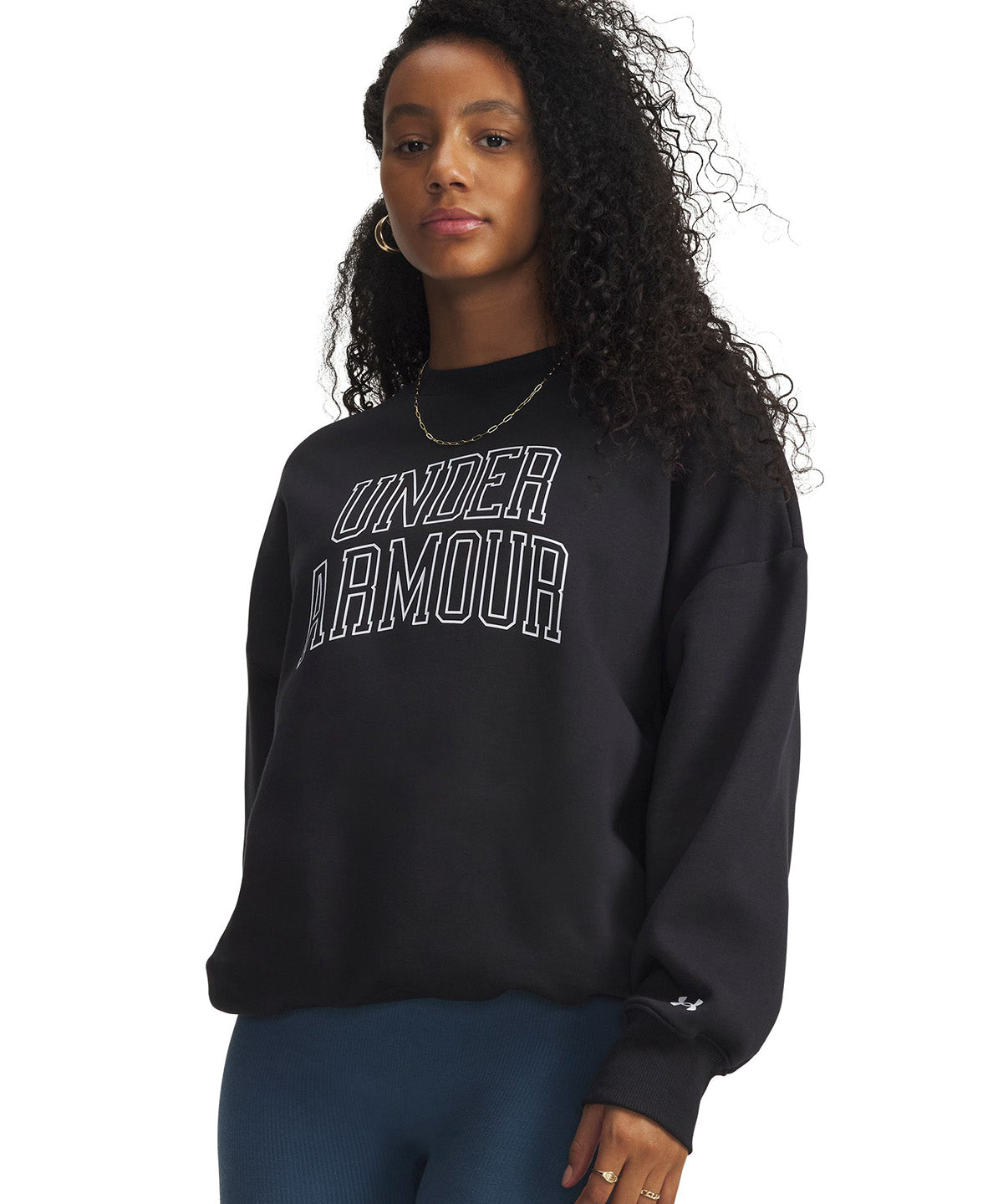 UA Rival Fleece Oversized Varsity Crew Poleron negro para mujer