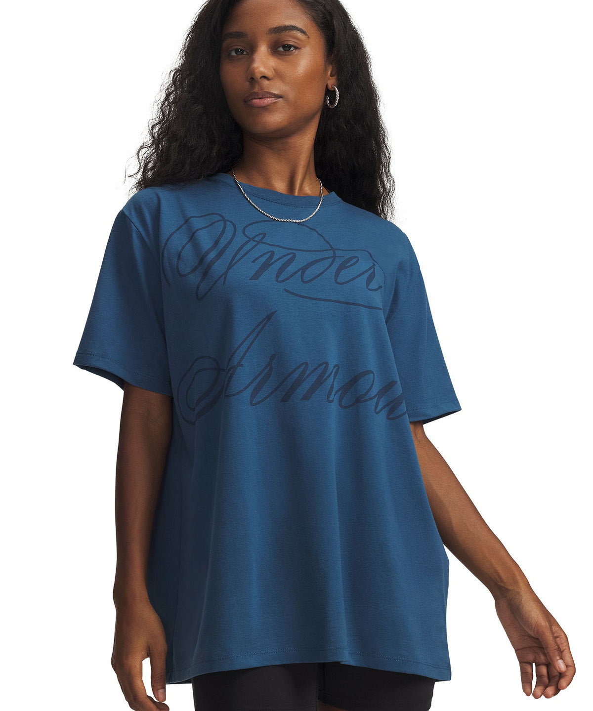 UA W Oversized Script SS Polera Manga Corta azul para mujer