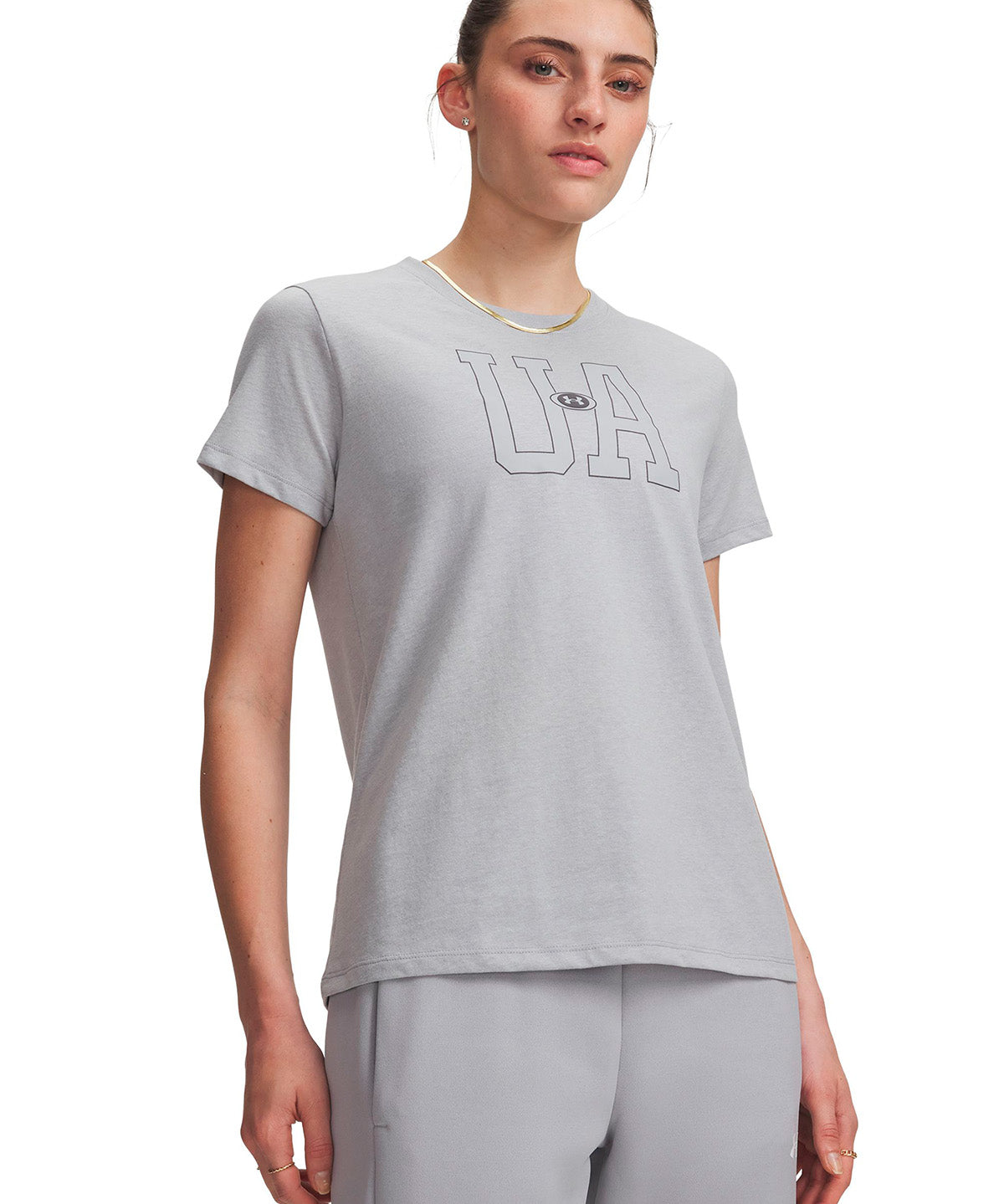 Polera manga corta UA Icon Fleece Graphic gris para mujer