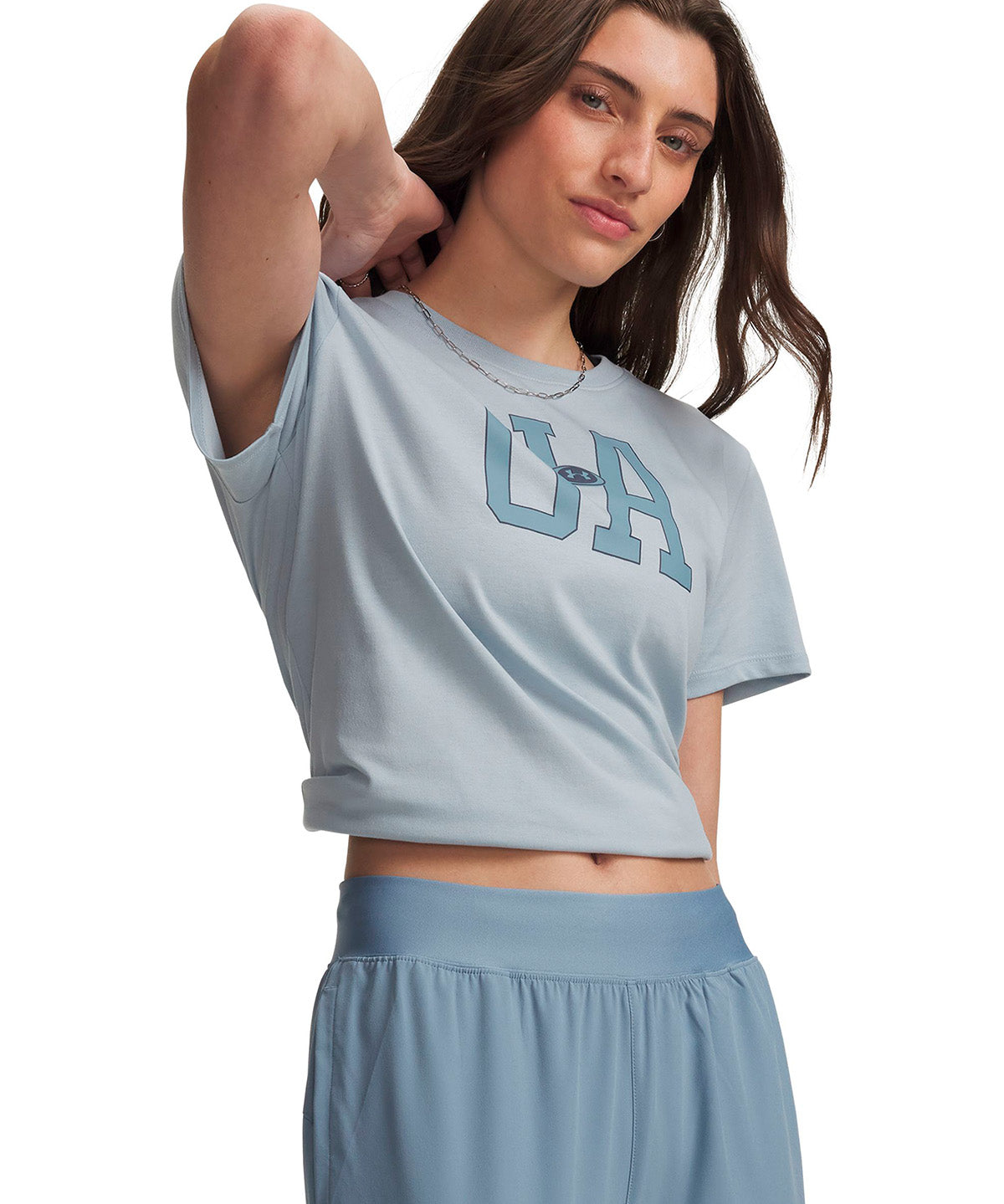 Polera manga corta UA Icon Fleece Graphic gris para mujer