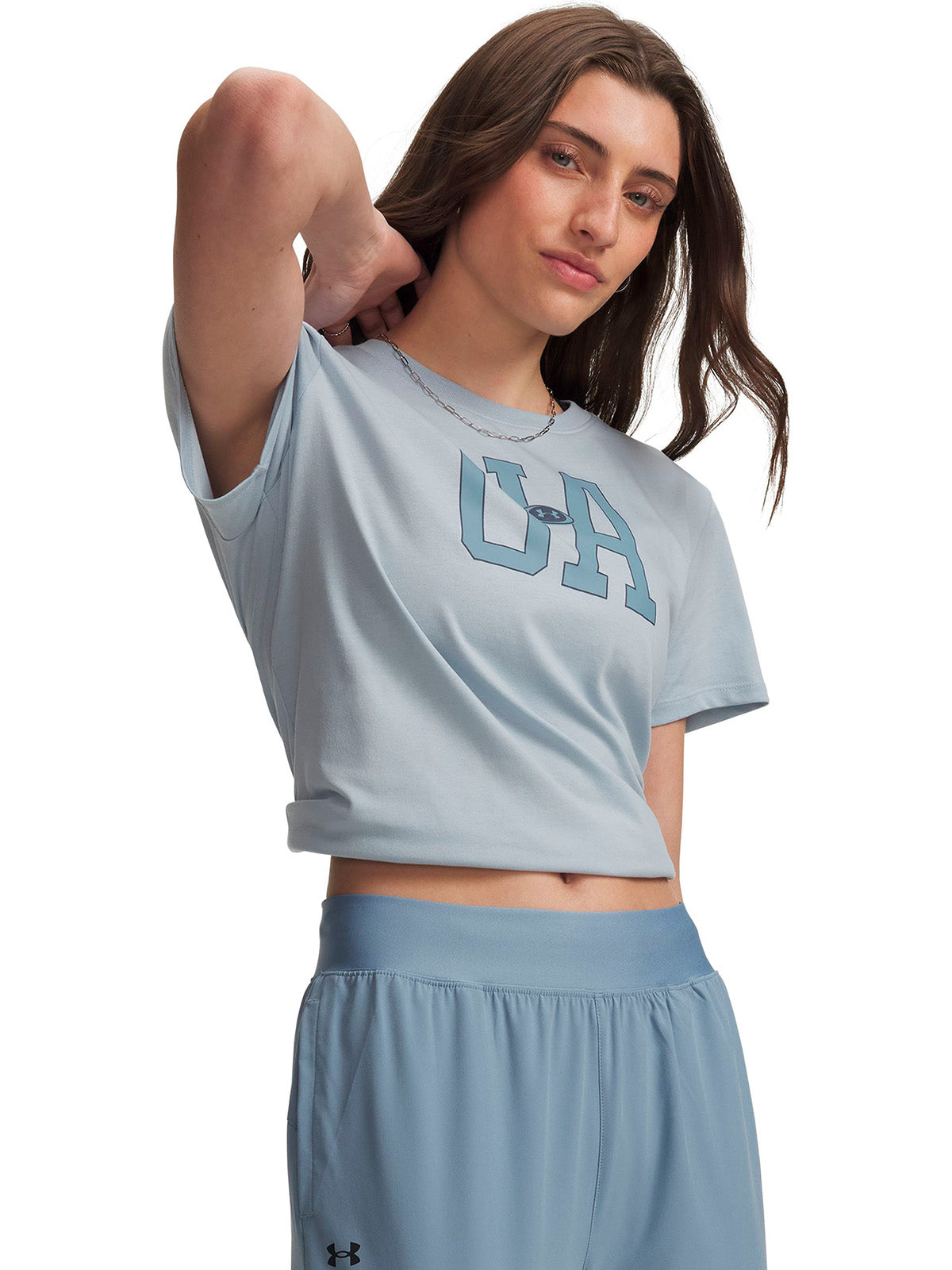 Polera manga corta UA Icon Fleece Graphic gris para mujer