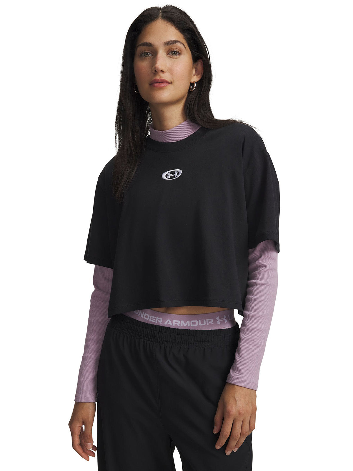 Polera manga corta UA W Center Left Chest negra para mujer