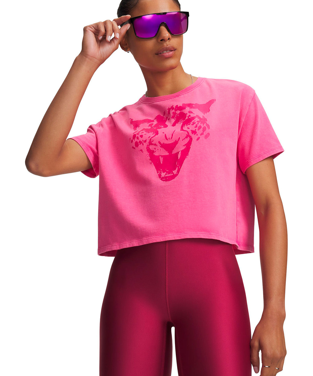 Polera manga corta UA Halo Run Heavyweight Wash City rosada para mujer