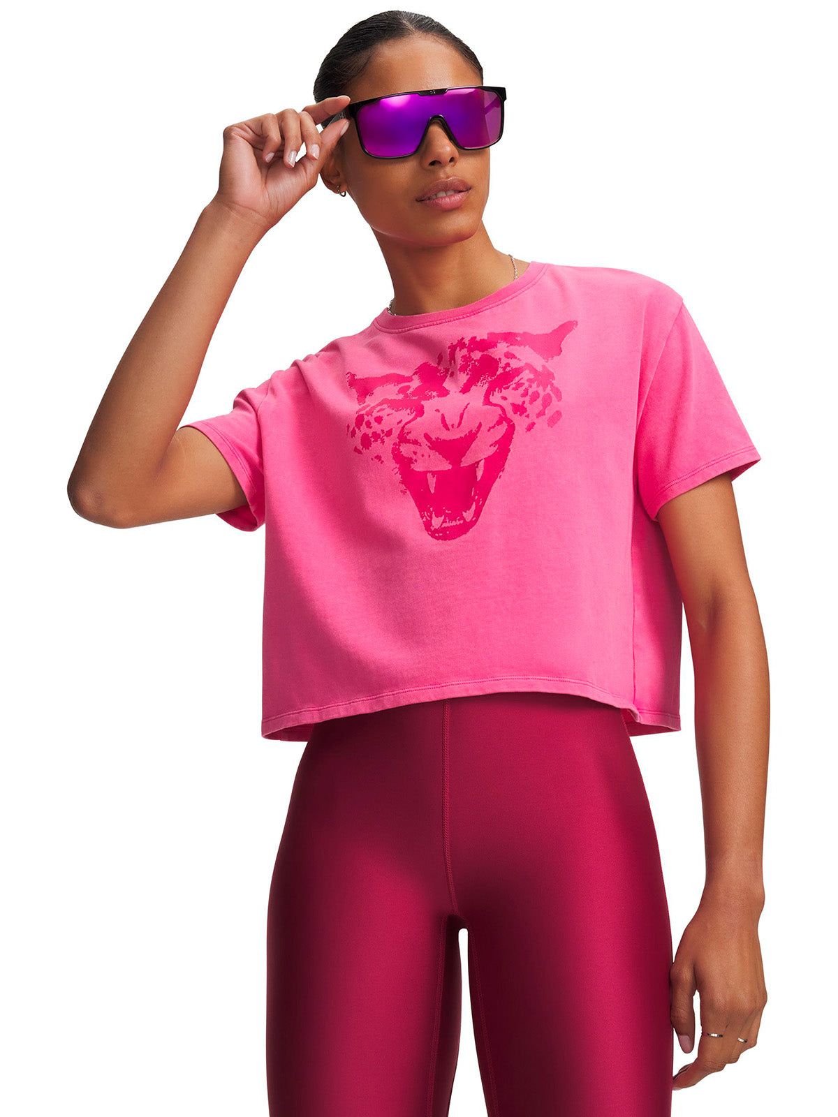 Polera manga corta UA Halo Run Heavyweight Wash City rosada para mujer